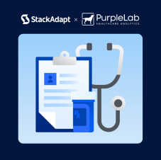 Stackadapt's and purplelab's logo and an illustration of healthcare related objects (patient intake form, bottle of medicine, etc)