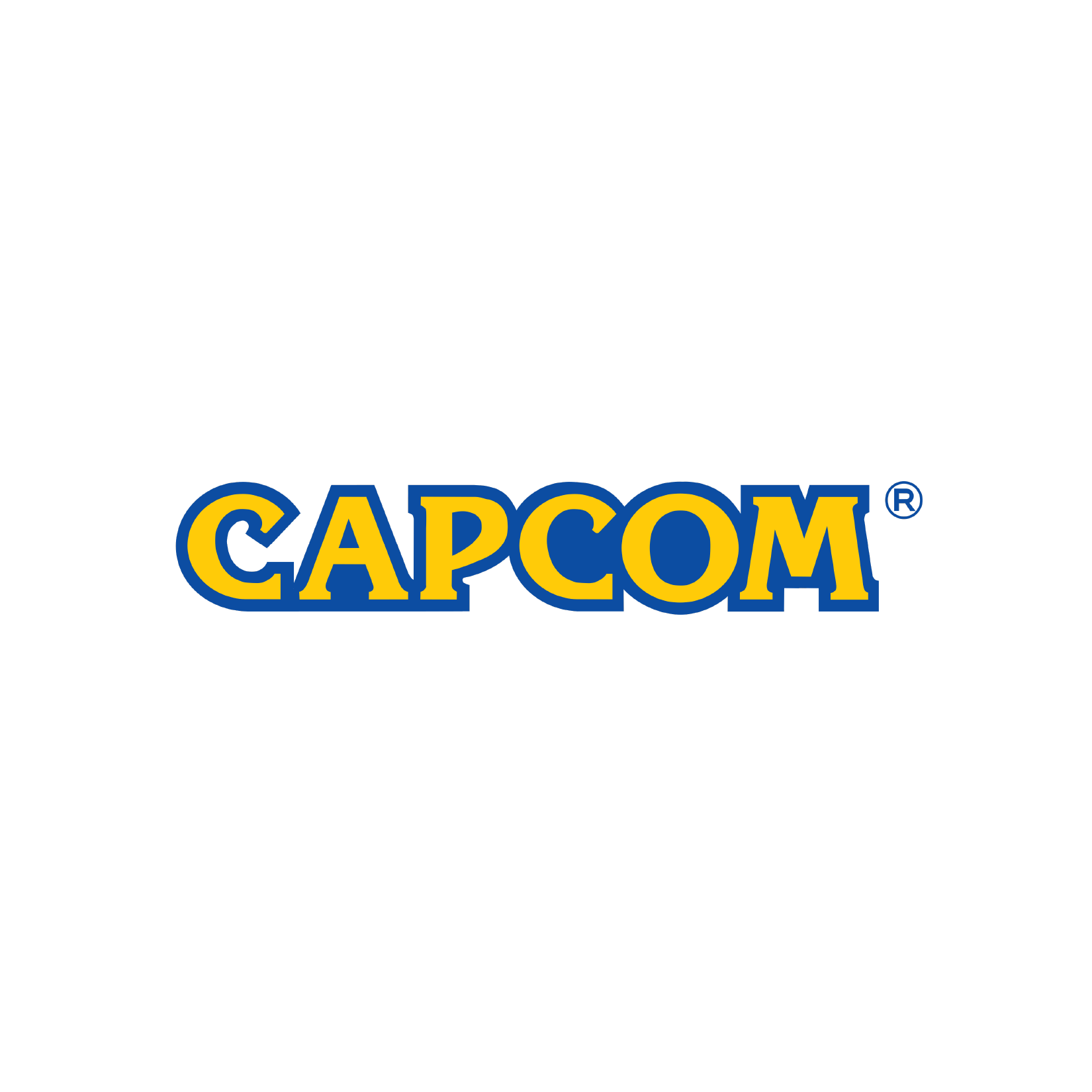 White Background with yellow letters saying CAPCOM with a blue outline