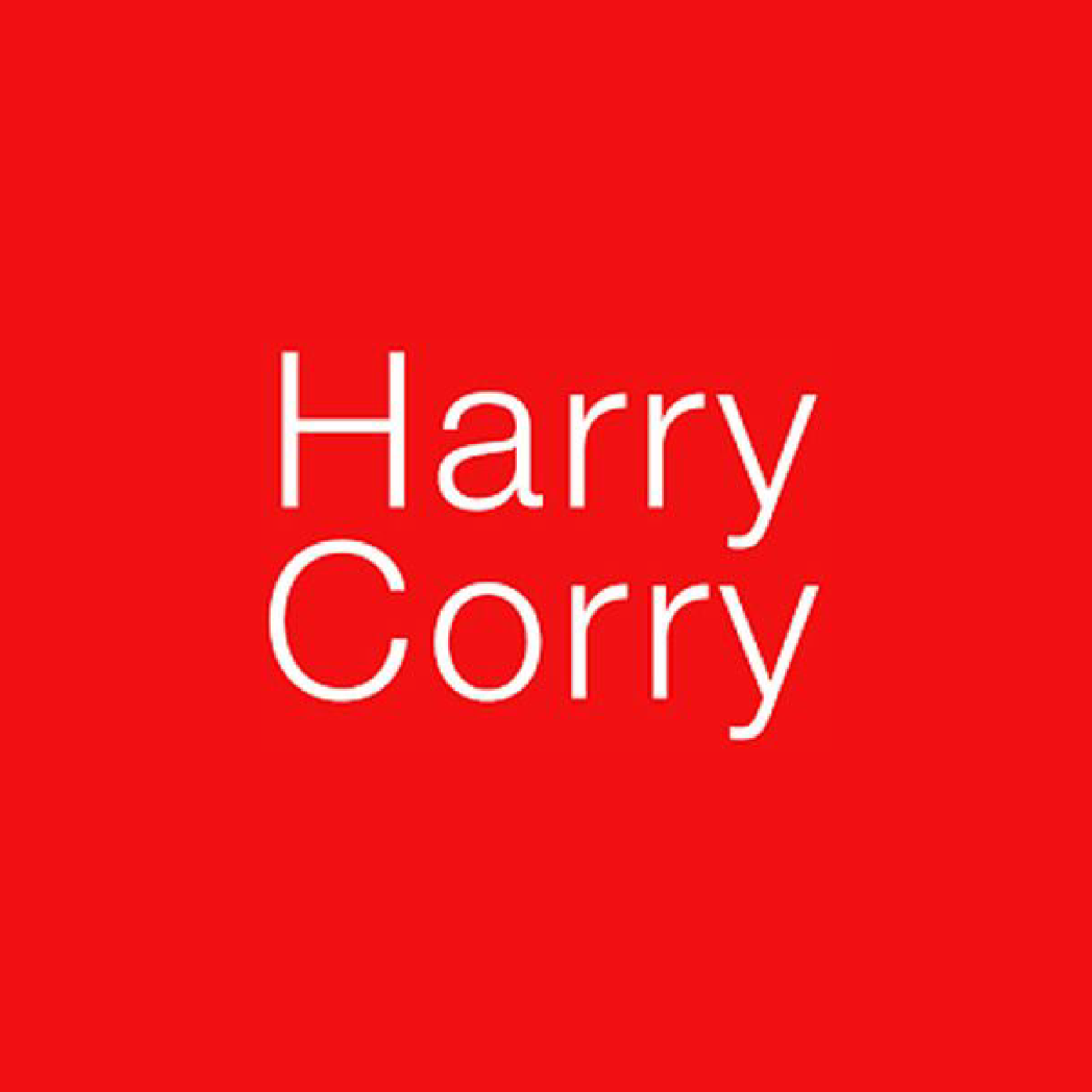 Harry Corry logo written with a red background