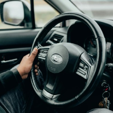 Closeup of a Subaru steering wheel