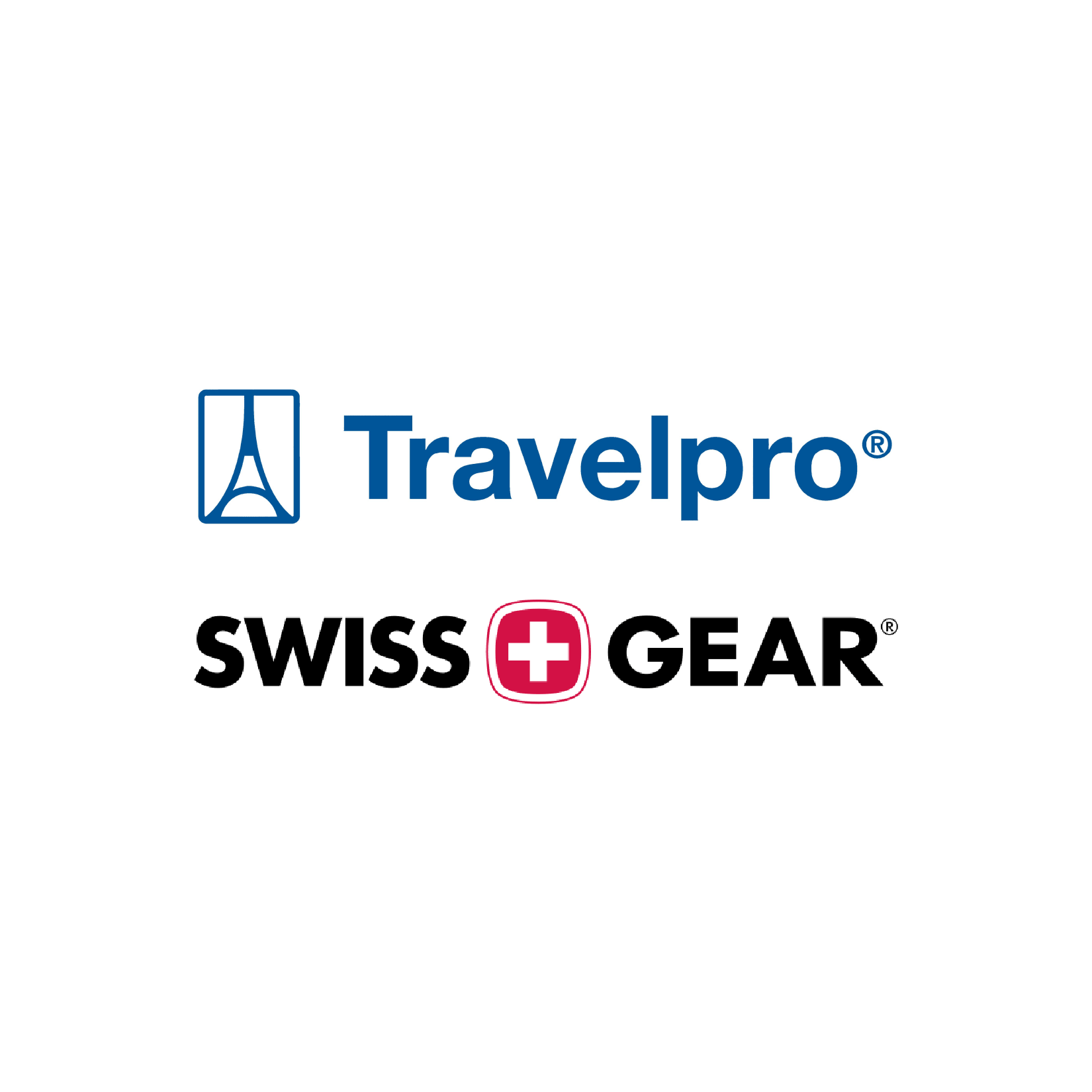 Travelpro and Swiss Gear logos on a white background