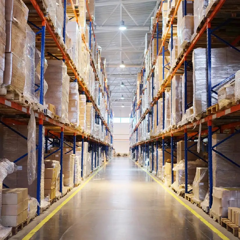 Interior of a large warehouse with industrial shelving and packaged inventory