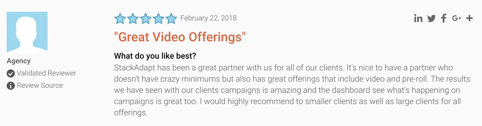 Review by Agency on StackAdapt's 'great video offerings'