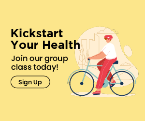 a graphic showing an example of an audio companion banner, which reads  "Kickstart Your Health, Join our group class today!"