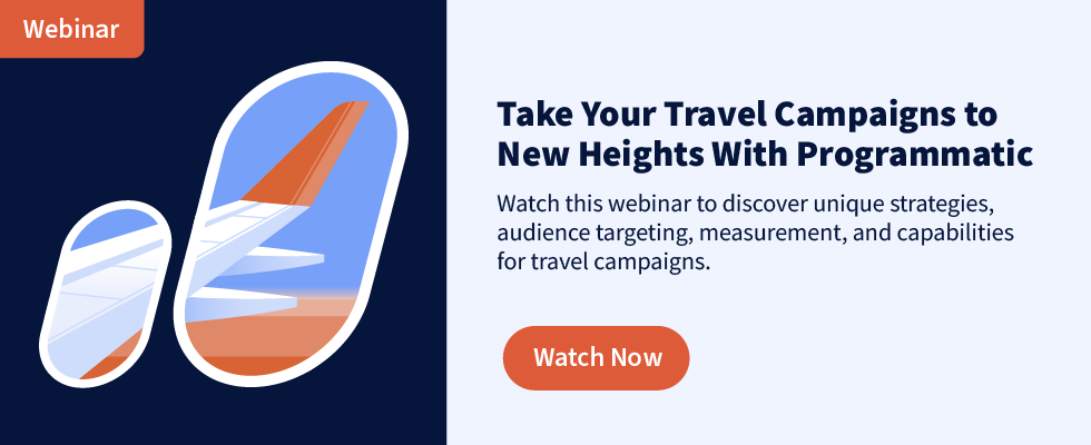 graphic illustration of a plane along with copy that reads: "Watch this webinar to discover unique strategies, audience targeting, measurement, and capabilities for travel campaigns."