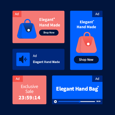 Illustrative mockups of five ads for a handmade bag. Ads are in different sizes and formats representing display, native, audio and video in tones of blue and orange.