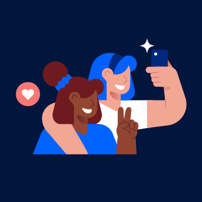 Illustration of two girls hugging and posing together for a selfie. One black with brown hair doing the piece sign with her left hand, one white with blue hair holding her phone with her left hand.