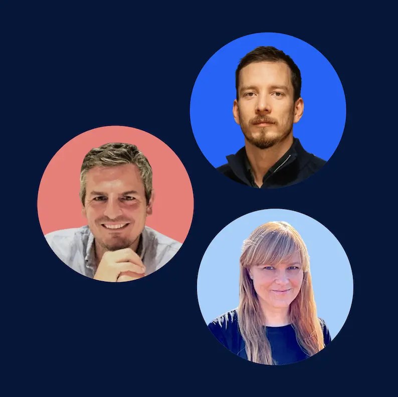 Midnight blue background with 3 circles in the centre of the page, with pictures of the three webinar speakers Mike Novosel, Vitaly Pecherskiy and Anna Grodecka-Grad