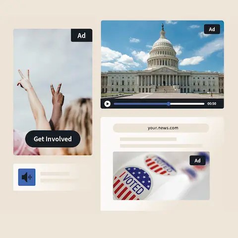 Example of political ads on native, display, audio, and CTV channels