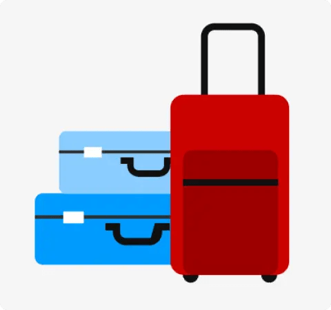 Illustration of two blue suitcases stacked on top of one another and a red suitcase on wheels standing upright next to them