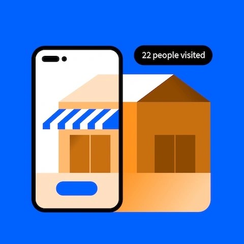 Illustration of a smartphone taking a photo of a store depicting footfall attribution in StackAdapt