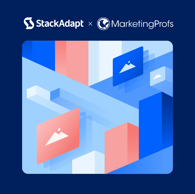Illustration of ads in streets with StackAdapt's and MarketingProfs' logo