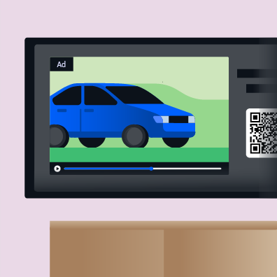 Illustration of a car ad with a QR code on a CTV device