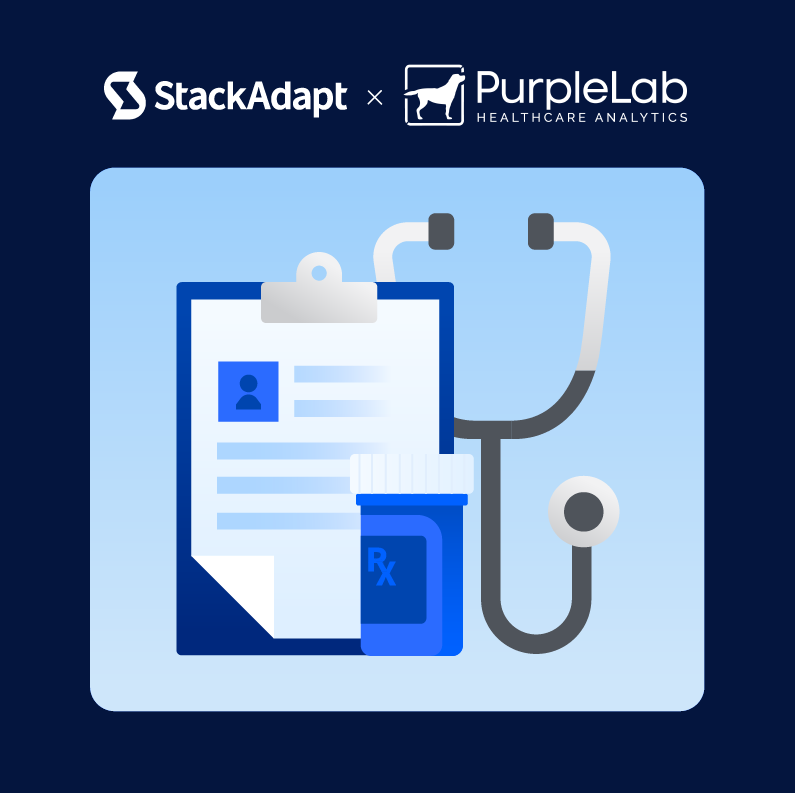 Stackadapt's and purplelab's logo and an illustration of healthcare related objects (patient intake form, bottle of medicine, etc)