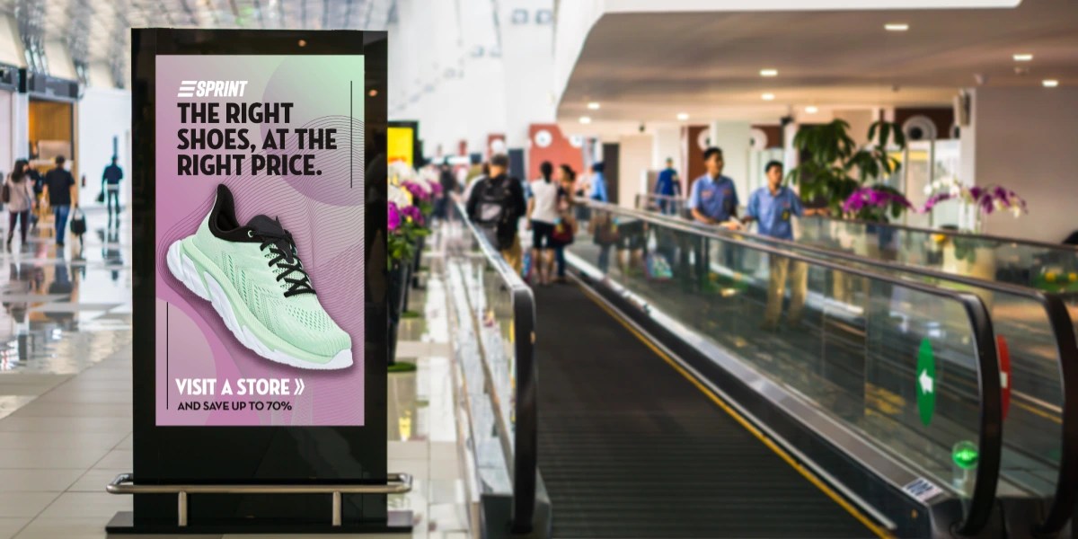 Digital screen in an airport walkway displaying an ad for running shoes.