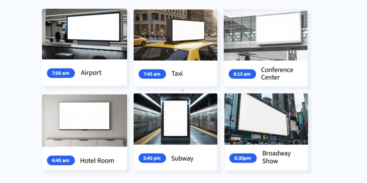 Examples of digital out-of-home advertising placements including airport, taxi, subway, and billboard screens.