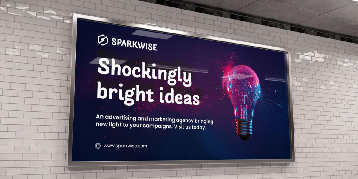 Digital billboard in a subway station displaying an ad with the message 'Shockingly bright ideas' next to a glowing light bulb.